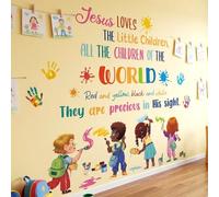 DECOWALL Jesus Loves the Little Children Wall Stickers for Kids (SG2-2514) | Colourful Christian hymn lettering with children and handprints; peel and stick, removable decor for nursery or Sunday school