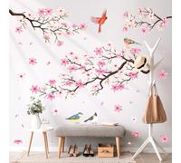 DECOWALL Pink Cherry Blossom Tree Wall Stickers, Birds and Flower Branch Wall Decals for Bedroom Living Room Decor (SG2-2305)