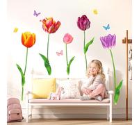 DECOWALL SG-2116 Tulip Flower Wall Stickers Butterfly Floral Decals Removable for Bedroom Living Room Art Home Decor Decoration DIY Background Mural