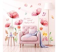 DECOWALL SG-2206 Pink Flowers Quotes Wall Stickers Poppy Floral Butterfly Decals Removable for Inspirational Bedroom Living Room Kitchen Bathroom Art Home Decor
