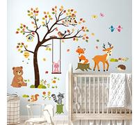 DECOWALL SG2-2208 Tree and Animals Wall Stickers Decals Autumn Fallen Leaves Nursery Kids Bedroom Room Baby décor Living Removable Art Deer Jungle Fox Forest Decoration Woodland murals Peel playroom