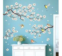 DECOWALL SG2-2304 White Cherry Blossom Branch Wall Stickers Flower Birds Wall Decals Bedroom Living Room TV DIY Wall Home Décor