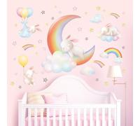 DECOWALL SG2-2313 Rainbow Moon Clouds Wall Sticker Rabbit Wall Stickers for Nursery Home Decoration Art Baby Room Boys Girls Color Playroom Bedroom Cute