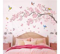 DECOWALL SG2-2427 Pink Flowers and Bird Wall Stickers Cherry Blossom Tree Branch Decals Bedroom Living Room Sofa TV Background Wall Décor Murals Floral Peel and Stick Spring