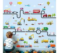 DECOWALL Vehicles and Roads Wall Stickers - Construction Trucks, Cars & Trains Peel and Stick Removable Wall Decals for Kids Boys Bedroom, Nursery & Playroom Decor (DS9-8090)