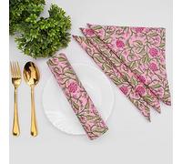 DECOWAT Baby Pink and Basil Green Floral Handblock Print 100% Cotton Linen Blend Printed Dinner Napkins Perfect for Parties Dinners Weddings Cocktail Christmas Napkins Cloth Set of 4 (18x18 inches)