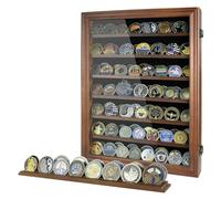 DecoWoodo 7 Rows Challenge Coin Display Case - Holds 100 Coins, Solid Wood Military Holder Cabinet With HD Tempered Glass, Wall-Mountable Shadow Box for Collectibles, Medals, Casino Chips, Walnut