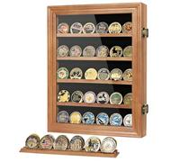DecoWoodo Solid Wood 5 Row Military Challenge Coin Display Case with HD Tempered Glass Door, Wall Mount or Flat Stand, Holder Rack with 2 Grooves Each Shelf, Holds 60 Coins, Walnut
