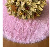 DecroXmas 30 Inch Faux Fur Christmas Tree Skirt Pink Large Plush Round Xmas Tree Base Mat for Winter Holiday, New Year Decor