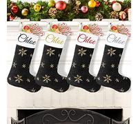 DecroXmas Personalised Christmas Stocking with Names 6 pack Black Christmas Stockings Custom Name Large Sequin Snowflake Embroidery Bulk Candy Bag for Fireplace