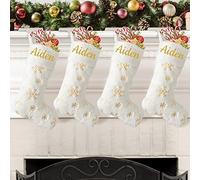 DecroXmas Personalised Christmas Stockings with Names,Christmas Stockings Custom Name 1 Pack White Plush and Gold Sequin Snowflake Embroidery Stockings Bulk Candy Bag for Fireplace