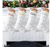 DecroXmas Personalised Christmas Stockings with Names,Christmas Stockings custom name 1 Pack White Plush Silver and Gold Sequin Snowflake Embroidery Stockings Bulk Candy Bag for Fireplace