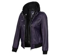 Decrum Detachable Hooded Leather Jacket Women - Real Lambskin Leather Bomber Jacket Women with Hood, Edinburgh - Purple Hooded Leather Jacket, S