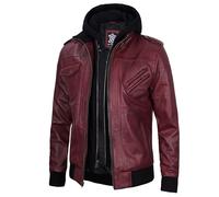 Decrum Hooded Leather Jacket Men - Casual Detachable Hood Leather Jackets for Men, Edinburgh Burgundy, M