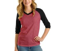 Decrum Raglan Baseball Tee Shirts - Soft Sports Jersey 3/4 Sleeve Shirts for Women, Heatehr Pink & Black - Womens V-neck Raglan, XXL