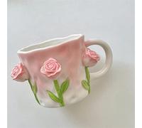 DECRZPB Ceramic Coffee Mug Pink Roses Tea Cup Pottery 3D Coffee Cup Mug Gift for Office and Home