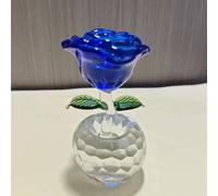 DECRZPB Crystal Ornament Blue Rose Flower Glass Figurine Handmade Sculpture Art Gift for Birthday Home Table Ornament