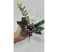 Decsee Christmas Artificial Foliage Pick with Pine Cone, Faux Pearl, Frost Leaf Stem, Tree Decoration, Set of 6