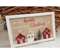 Decsee Christmas Wall Decor, Wooden House Scene with Tree, All Hearts Come Home Sign, White Frame