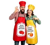 DECYOOL 2 Sets Ketchup and Mustard Costume for Adults, Funny Couples Halloween Costumes with Aprons and Hats Condiment Apron Outfit for Men Women Halloween Party Cosplay (Red, Yellow)