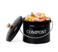 Dedjgoo Kitchen Compost Bin 1 Gallon Black Countertop Odor Free Design | Elegant black finish pairs with 1 gallon capacity; rust-proof steel and wooden lid handle make emptying tidy easily.