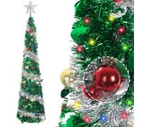 DEDU 6 FT Pop Up Christmas Tree with Lights, Green Christmas Tree Pull Up with 35 Balls, Pop Up Tree Collapsible Artificial Pencil Tree Xmas Decoration for Home Party Holiday