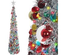 DEDU 6 FT Pop Up Christmas Tree with Lights, Sliver Tinsel Christmas Tree Pull Up with 35 Balls, Pop Up Tree Collapsible Artificial Pencil Tree Xmas Decoration for Home Party Holiday