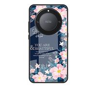 DEDUX Case for Honor Magic5 Lite 5G, Moon Starry Sky Tempered Glass Back Case + Shockproof Silicone Tpu Frame Protective Phone Case Cover. Pink Flowers