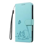 DEDUX Cute Cat Butterfly Pressed Flower Phone Case for Motorola Moto E13, Premium PU Leather Back Flip Case Cover for Motorola Moto E13. Light Green