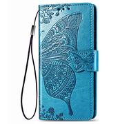 Dedux Flip Wallet Case Compatible with Motorola Moto G8 Power Lite, 3D Embossed Butterfly Rose Flower PU Leather Kickstand ID Credit Card Slots, Folio Flip Cover with Card Holder. Blue