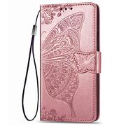 Dedux Flip Wallet Case Compatible with Motorola Moto G8 Power Lite, 3D Embossed Butterfly Rose Flower PU Leather Kickstand ID Credit Card Slots, Folio Flip Cover with Card Holder. Rose Gold
