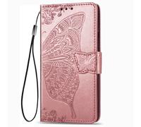 DEDUX Flip Wallet Case for Oppo A6 Pro 4G/5G, 3D Embossed Butterfly Rose Flower PU Leather Kickstand ID Credit Card Slots, Folio Flip Cover with Card Holder. Rose Gold