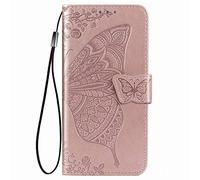 DEDUX Flip Wallet Case for Oppo Reno13 F 4G / Reno13 F 5G / Reno13 FS, 3D Embossed Butterfly Rose Flower PU Leather Kickstand ID Credit Card Slots, Folio Flip Cover with Card Holder. Rose Gold