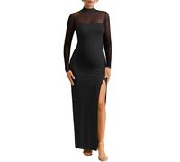 Dedysler Maternity Long Sleeve Maxi Wedding Guest Dress for Baby Shower with Mesh Split Mock Neck Bodycon Casual Pregnancy, Black, XL