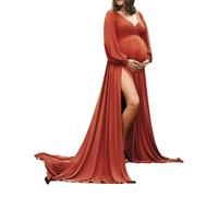 Dedysler Maternity Photoshoot Dress for Photography Long Sleeve Gown Maxi Baby Shower with Slit Sweetheart Outfits Pregnancy, Deep Orange, M