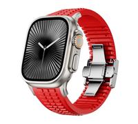 Dee Plus Strap Compatible with Watch Ultra 1/2, Series 1-10 SE (42mm 44mm 45mm 46mm 49mm), Grenade Design, Breathable Silicone Band with 316L Stainless Steel Buckle, Adjustable (Red + Titanium)