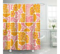 DeeCabin Boho Abstract Colorful Floral Shower Curtain, Vintage Retro Patchwork Orange Pink Flower Botanical Geometric Aesthetic Groovy Bathroom Decor Shower Curtain Set with 12 Hooks, 70X70IN