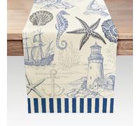 DeeCabin Summer Scallops Starfish Coral Coastal Table Runner, Retro Ocean Beach Sea Animals Theme Home Kitchen Dining Blue Table Runner, Nautical Indoor Outdoor Party Decor 13x90IN