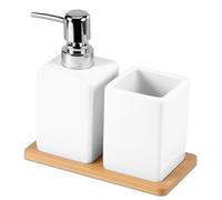 DEECOZY Bathroom Accessories Set, 3Pcs Soap Dispenser Toothbrush Holder & Bamboo Tray, Contemporary Ceramic Bathroom Set Reusable for Bathroom, Washbasin, Sink, Bathtub(White)