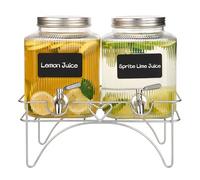 Deefongo 2 x 4L Glass Drink Dispenser with Tap,Beverage Dispenser,Glass Water Juice Dispensers with Fruit Infuser and Stainless Steel Faucet,for BBQ, Picnic,Cocktails, Beverages