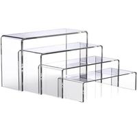 Deefongo 4Pcs Acrylic Risers, Clear Rectangular Tiered Display Stand, Tabletop Display Riser Shelf for Perfume, Cupcake Dessert Decorations, Jewelry Display, Funko Pop Figures Toys