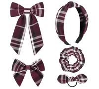 DEEKA 5 Styles Uniform Plaid Long Tail Hair Bows Knotted Headband Scrunchies Bow Set Alligator Clips Back to School Accessories for Toddler Little School Girls (Burgundy 5 Styles)