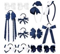 DEEKA School Hair Accessories Set Navy Blue and White 13 Pieces Uniform Hair Bows Headband Clips Curly Cork Bows for Little Toddlers Schoolgirls Navy and White