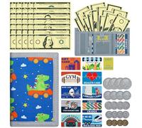 DEEKI Kids Wallet with Play Money Set(66 Pcs) for Boys Girls, Trifold Canvas Wallet Zipper Pocket and Key Chain for Toddler Children Birthday Outdoors Sports Learn, Novelty Purse with Play Cards,