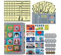 DEEKI Kids Wallet with Play Money Set(66 Pcs) for Boys Girls, Trifold Canvas Wallet Zipper Pocket and Key Chain for Toddler Children Birthday Outdoors Sports Learn, Novelty Purse with Play Cards,