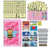 DEEKI Kids Wallet with Play Money Set(66 Pcs) for Boys Girls, Trifold Canvas Wallet Zipper Pocket and Key Chain for Toddler Children Birthday Outdoors Sports Learn, Novelty Purse with Play Cards,