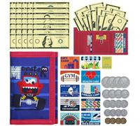 DEEKI Kids Wallet with Play Money Set(66 Pcs) for Boys Girls, Trifold Canvas Wallet Zipper Pocket and Key Chain for Toddler Children Birthday Outdoors Sports Learn, Novelty Purse with Play Cards,