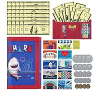DEEKI Kids Wallet with Play Money Set(66 Pcs) for Boys Girls, Trifold Canvas Wallet Zipper Pocket and Key Chain for Toddler Children Birthday Outdoors Sports Learn, Novelty Purse with Play Cards,