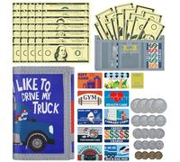 DEEKI Kids Wallet with Play Money Set(66 Pcs) for Boys Girls, Trifold Canvas Wallet Zipper Pocket and Key Chain for Toddler Children Birthday Outdoors Sports Learn, Novelty Purse with Play Cards,