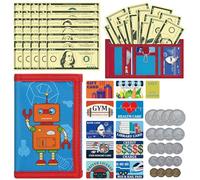DEEKI Kids Wallet with Play Money Set(66 Pcs) for Boys Girls, Trifold Canvas Wallet Zipper Pocket and Key Chain for Toddler Children Birthday Outdoors Sports Learn, Novelty Purse with Play Cards,